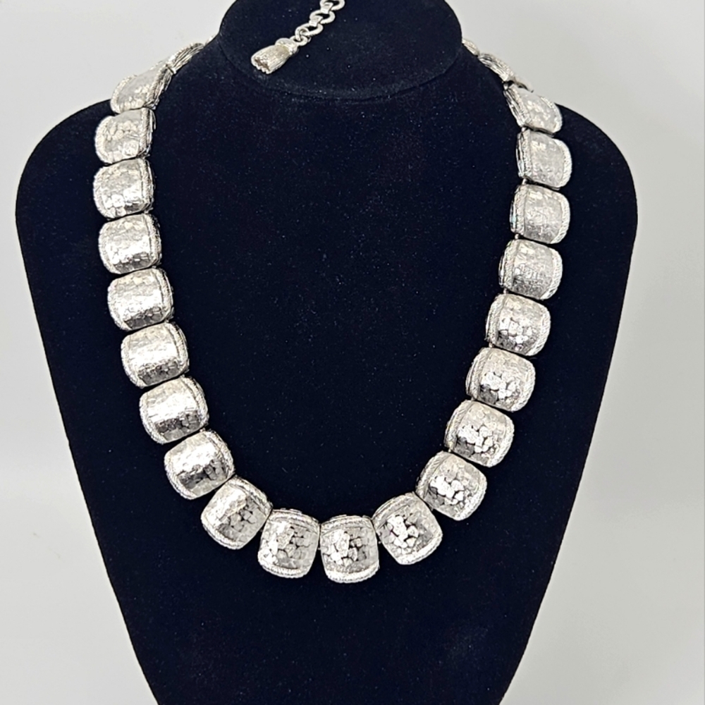 Rare VTG Monet Choker Necklace Bib Hammered Silver Tone Estate Statement Signed